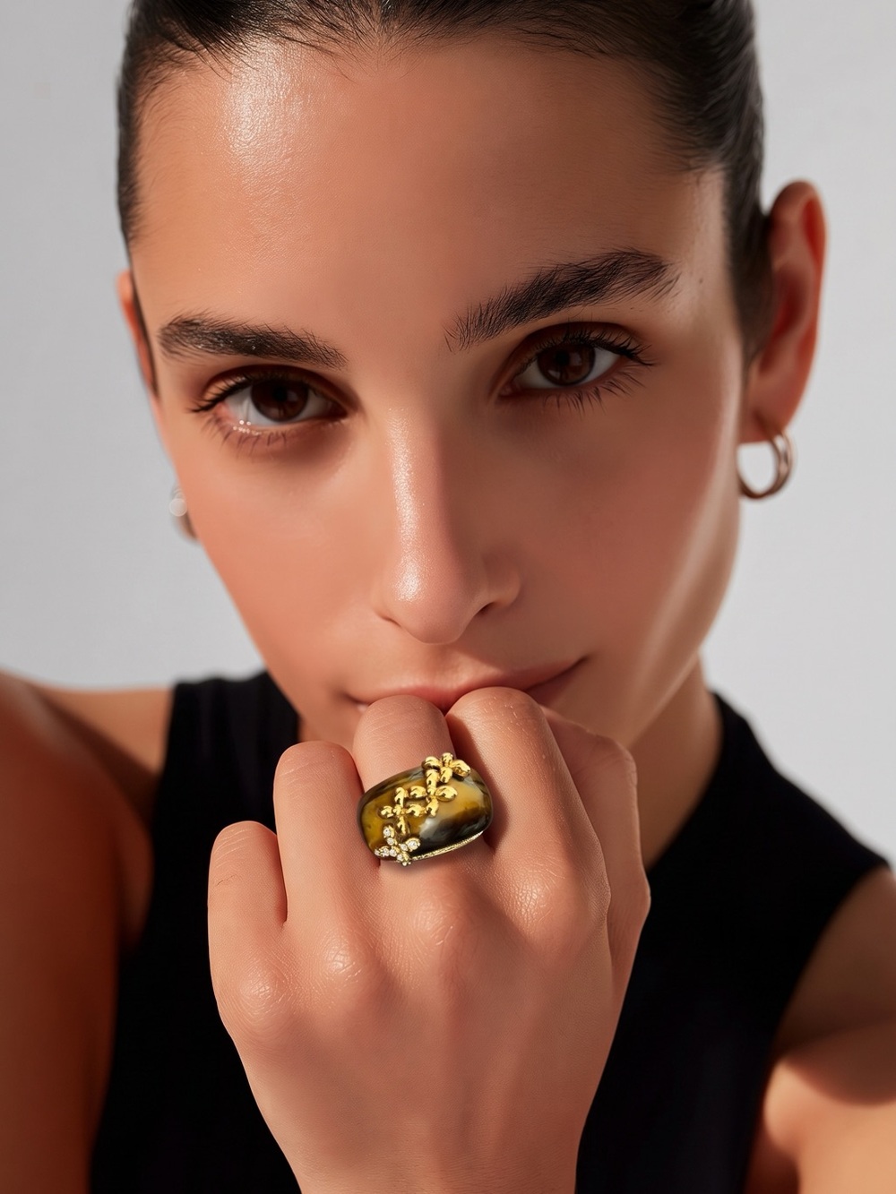Camille Lucie Gold Floral Accent Statement Ring